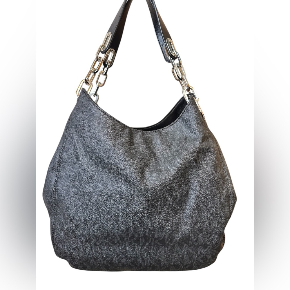 MICHAEL KORS FULTON BLACK LOGO SILVER CHAIN LARGE SHOULDER TOTE BAG - Picture 3 of 9